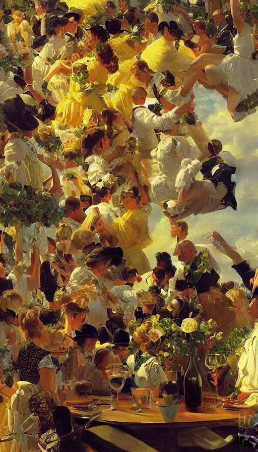 Image similar to still life painting of zero-gravity midsummer party, by Peder Krøyer, weightless, floating, golden hour, dramatic lighting, epic, gargantuan, intricate detail, canvas print