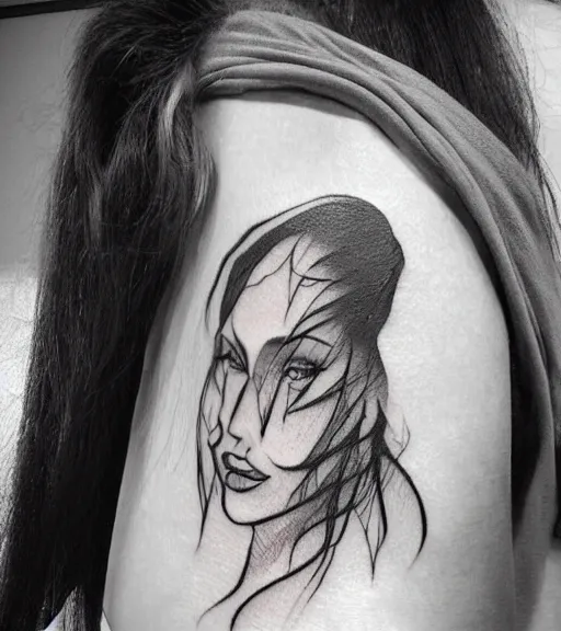 Image similar to tattoo design sketch of an extremely beautiful woman face with a faded background of stunning mountain view on her side, hyper - realistic, in the style of matteo pasqualin, amazing detail, black and white, faded