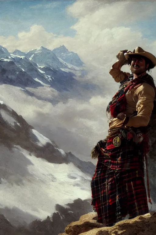 Prompt: a homoerotic portrait by greg rutkowski and albert bierstadt and bill ward of a shirtless desi hiker on a mountain peak with a cowboy hat and tartan kilt | background is snowy mountains and clouds | detailed face, ethereal, dreamlike | trending on artstation