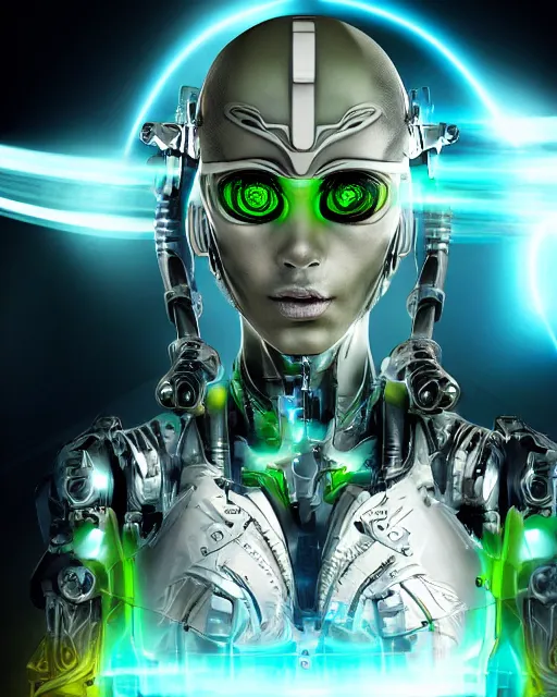 Image similar to A female cyborg extraterrestrial warrior with beaming nebulous eyes writing on a three-dimensional computer hologram, inside her spacecrft as backdrop, insanely detailed, digital art