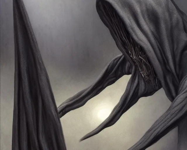 Image similar to Medium shot low angle creepy dementor highly detailed, sharp focus, digital painting, oil painting, artwork, museum work, by Robert Bateman, by Carl Brenders,