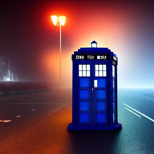 Image similar to A hyperdetailed photograph of the TARDIS sat on a futuristic street corner, night, dense fog, rain, HD, 8K resolution