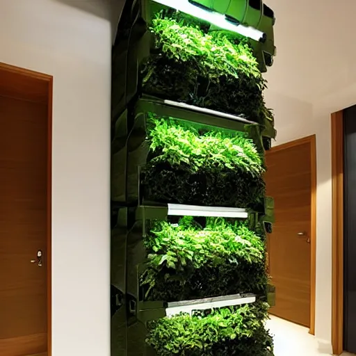 Prompt: vertical indoor hydroponics as interior design elements. minimalism, futurism, design art.