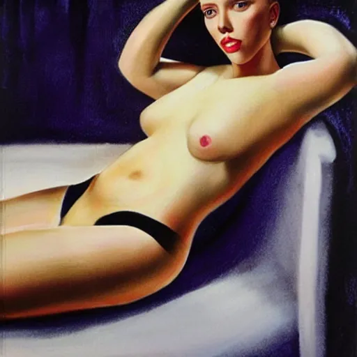 Prompt: Scarlett Johansson bathing, full body, in the style of Tamara de Lempicka