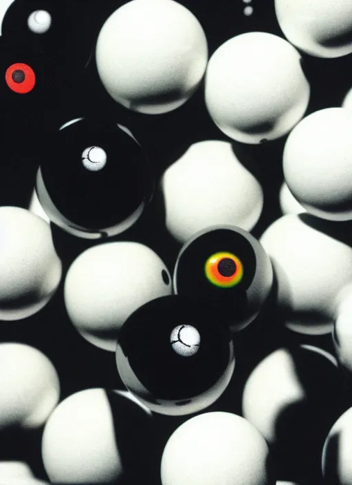 Image similar to realistic object photo of ping pong balls sculpture with molecule made of eyeballs, black cloud made of caviar, readymade, dadaism, fluxus, man ray 1 9 9 0, life magazine photo