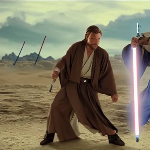 Prompt: yeat the rapper fighting obi wan kenobi with lightsabers in revenge of the sith, star wars movie,