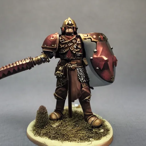 Image similar to warhammer fantasy battle, empire handgunner, detailed human face, brown hair, detailed blue eyes, strong arms, armored legs, torso plate armor, anatomically correct, realistic, hyper realistic, miniature, model, 3 d printed, base