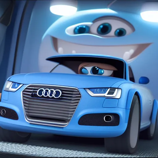 Image similar to very cute, disney pixar Cars character concept artwork, Denim Blue Audi A4 B6, 3d concept, high detail iconic character for upcoming film, 8k octane render, unreal engine