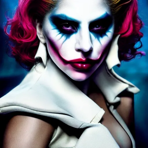 Image similar to beautiful awe inspiring Lady Gaga playing The Joker 8k hdr movie still moody lighting