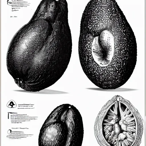 Image similar to anatomy of a avocado, da vinci notes, ultradetailed, anatomy study, artstation