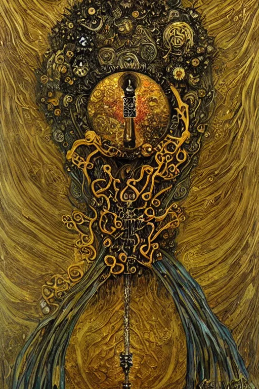 Image similar to The Skeleton Key by Karol Bak, Jean Deville, Gustav Klimt, and Vincent Van Gogh, mystic eye, otherworldly, ornate elaborate baroque skeleton key, keyhole, key wreathed in white flames, lightning, fractal structures, arcane, inferno, inscribed runes, infernal relics, ornate gilded medieval icon, third eye, spirals