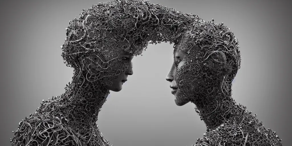 Prompt: hyperrealistic photography of a stunningly beautiful cyborg male, intimate, intricate tendril filigree, fibonacci, in the style of beth cavener, jin kagetsu, and wlop, highly detailed, chrome face symmetry, masterpiece, award winning, sharp focus, concept art, high key, ambient lighting, 8 k, octane render,