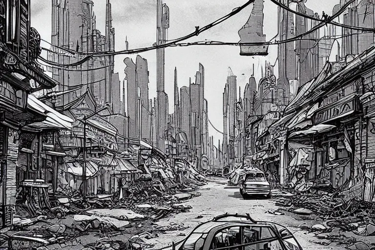 Image similar to A post apocalyptic city street, in the style of Moebius