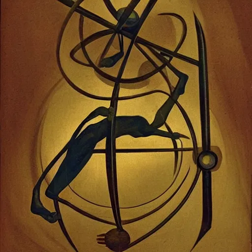 Image similar to A kinetic sculpture. A rip in spacetime. Did this device in his hand open a portal to another dimension or reality?! illuminated manuscript by Kay Sage exciting