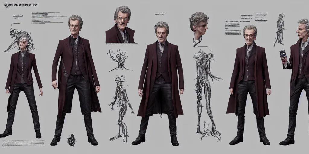 Prompt: peter capaldi as doctor who, character sheet, concept design, contrast, hot toys, kim jung gi, greg rutkowski, zabrocki, karlkka, jayison devadas, trending on artstation, 8 k, ultra wide angle, pincushion lens effect