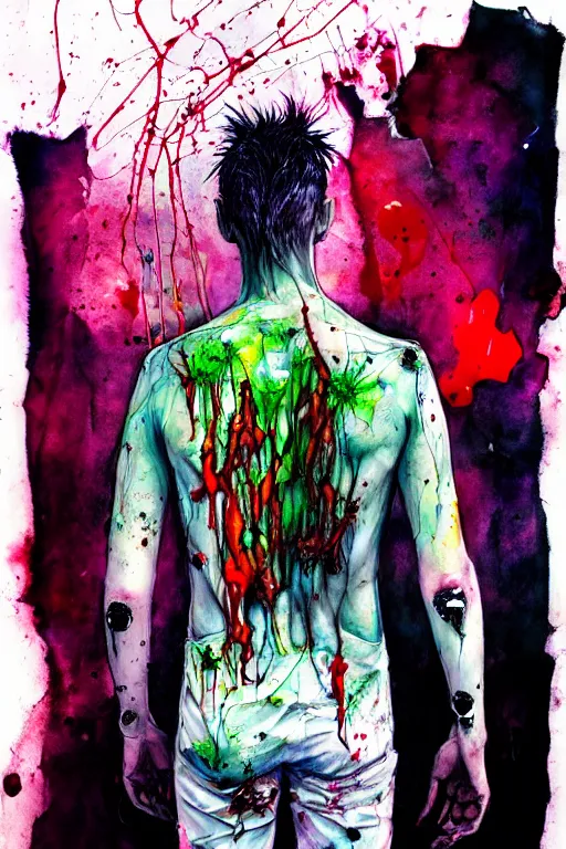 Image similar to zombie cop by agnes cecile enki bilal moebius, intricated details, 3 / 4 back view, full body portrait, extremely luminous bright design, horror, pastel colours, toxic drips, autumn lights