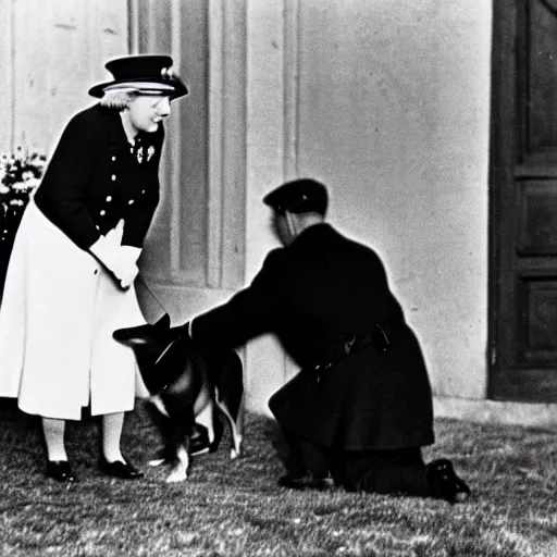 Prompt: ultra wide 1 9 4 6 blurry historical photo of a single german general kneeling to pet a corgi, a young queen elizabeth watches him, french village exterior, highly detailed, sharp focus