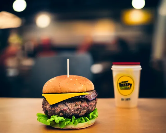 Image similar to juicy burger from a fast food restaurant, depth of field, food photography, uplight, isometric, studio, bokeh, gmaster, cooking, food, kodak, sony, canon