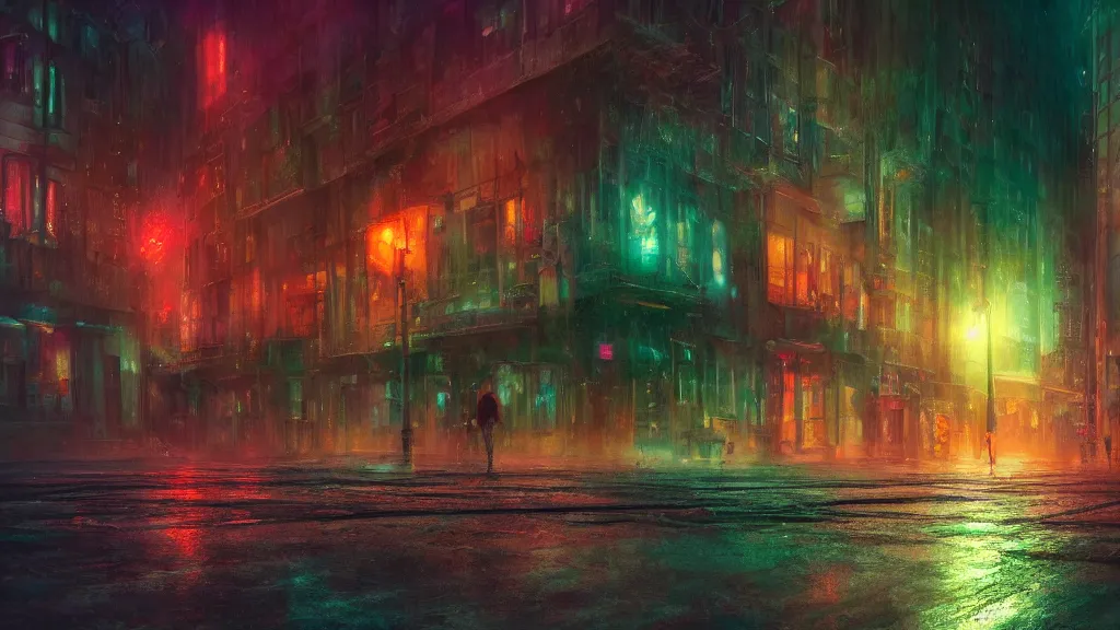 Image similar to a surreal dreamlike scene of a lone ghostly spirit wisp floating through a colorful alien city at night, somber melancholic matte painting, light rain, highly detailed oil painting, liminal space, 8k, stillness, solitude, soft calm warm neon atmosphere, masterpiece