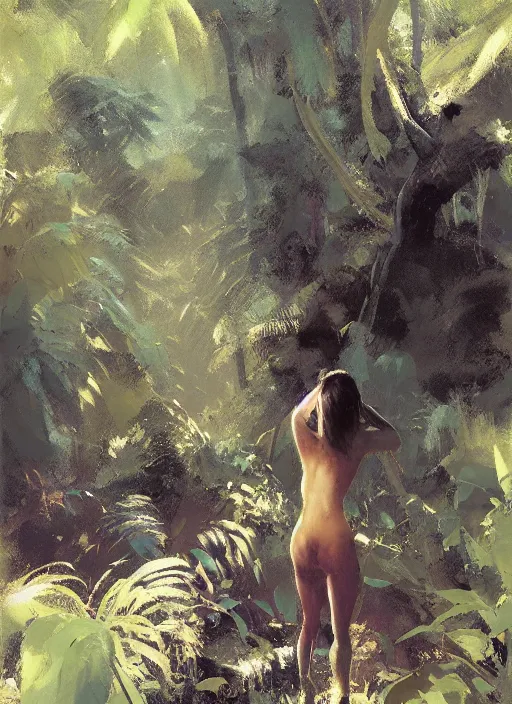 Image similar to a girl in a dark jungle landscape, by craig mullins - w 7 0 0