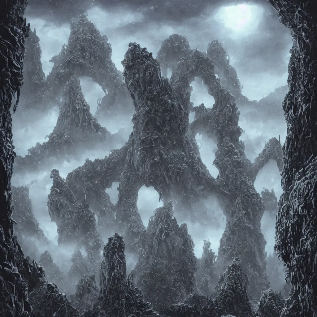 Image similar to the lovecraftian alien city of leng, cyclopean towers and vast hovering stone sculptures of chtulhu cephalopods in the mountains of antarctica, upward cinematic angle, by rodney matthews, p. craig russell and michael kaluta, psychedelic atmosphere, heavy winter aesthetics, stunning composition, alien faces, monstrous animal statues, intricate, strange, elegant, digital art, hyperdetailed, colorful hyperrealism, brilliant photorealism, horror, masterpiece, 8k