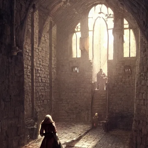 Prompt: a prisoner lady, detailed interior of medieval dungeon, epic atmosphere, by greg rutkowski, by asher brown durand