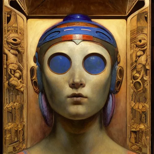 Prompt: the young robot goddess with her bird mask, by annie swynnerton and diego rivera and elihu vedder, symbolist, dramatic lighting, elaborate geometric ornament, head and shoulders, art brut, soft cool colors, smooth, sharp focus, extremely detailed, adolf wolfli and donato giancola