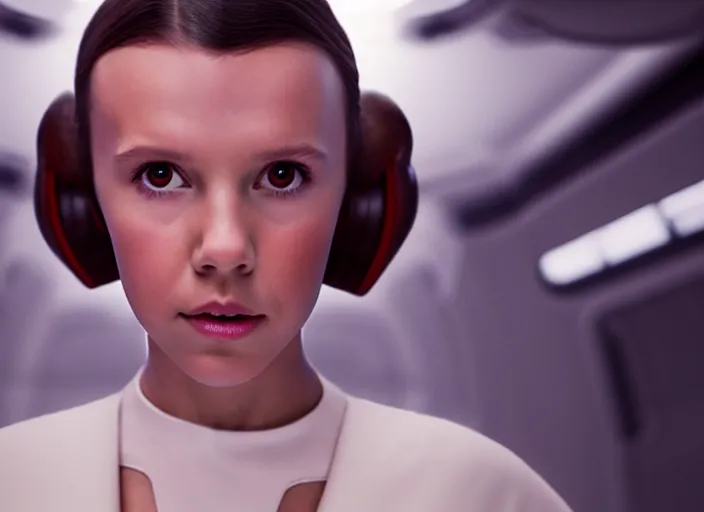 Prompt: film still of!!!! millie bobby brown!!! as princess leia in a white dress in star wars movie, closeup portrait, exploring interior of a spaceship, glamour pose, dramatic lighting, octane, mist, volumetric lighting, 8 k