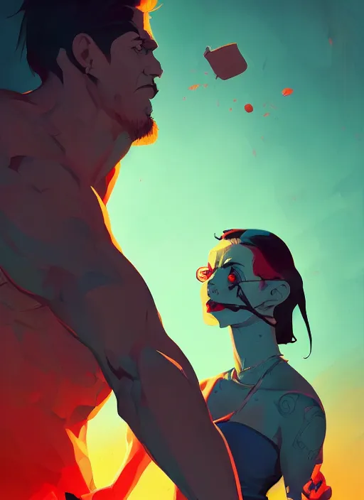 Prompt: uberchad with an angry look on his face, in the style of artgerm, gerald brom, atey ghailan and mike mignola, vibrant colors and hard shadows and strong rim light, plain background, comic cover art, trending on artstation