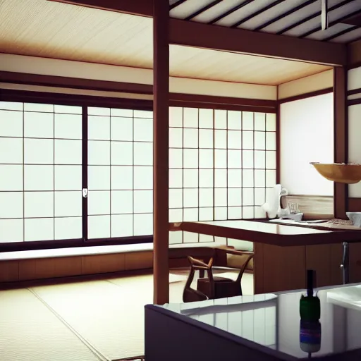 Image similar to still photo of a japanese kitchen, highly detailed, photorealistic portrait, bright studio setting, studio lighting, crisp quality and light reflections, unreal engine 5 quality render