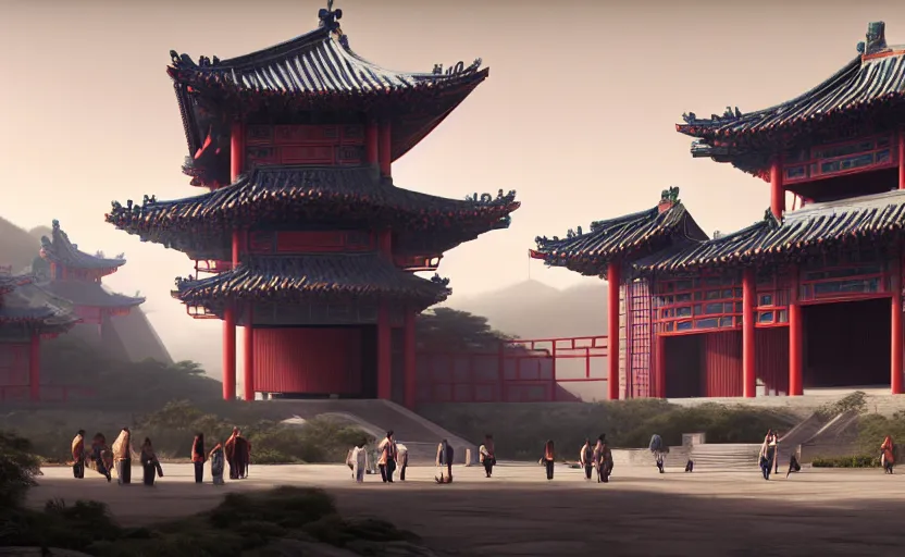 Prompt: exterior shot of utopian ancient chinese architecture with cinematic lighting by zaha hadid peter zumthor and renzo piano and frank gehry, darek zabrocki and greg ruthkowski, simon stalenhag, cinematic, holy place, paradise, scifi, futurism, atmospheric, concept art, artstation, trending on artstation