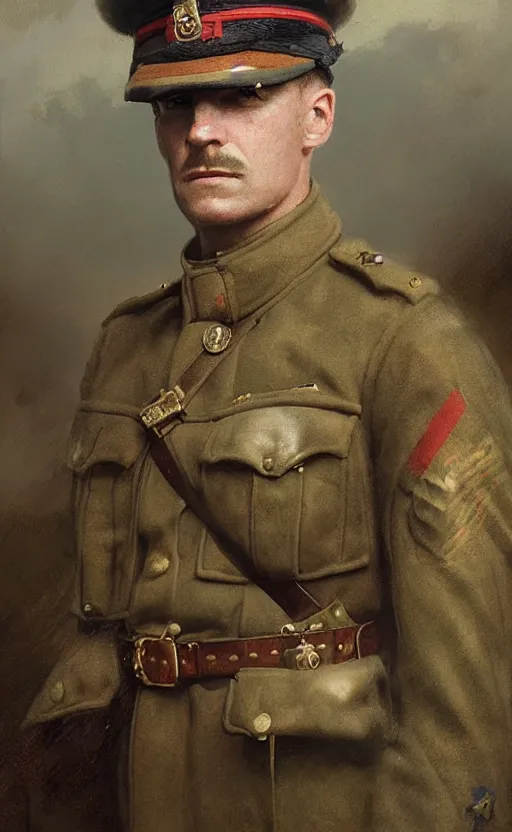Prompt: Portrait of a British WWI officer, male, detailed face, 20th century, highly detailed, cinematic lighting, digital art painting by greg rutkowski