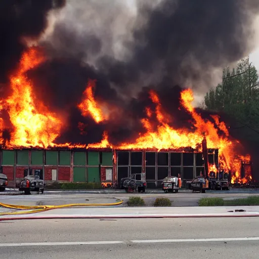 Prompt: The lumber section of a Lowe's Warehouse on fire