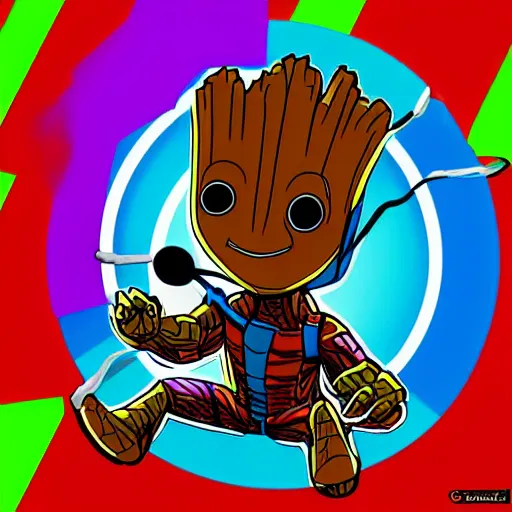 Image similar to svg sticker of a Pop-Wonder Groot-Marvel-Avenger at a rave, spinning records, giant headphones rocking out, wearing headphones, huge speakers, dancing, rave, DJ, spinning records, digital art, amazing composition, rule-of-thirds, award-winning, trending on artstation, featured on deviantart