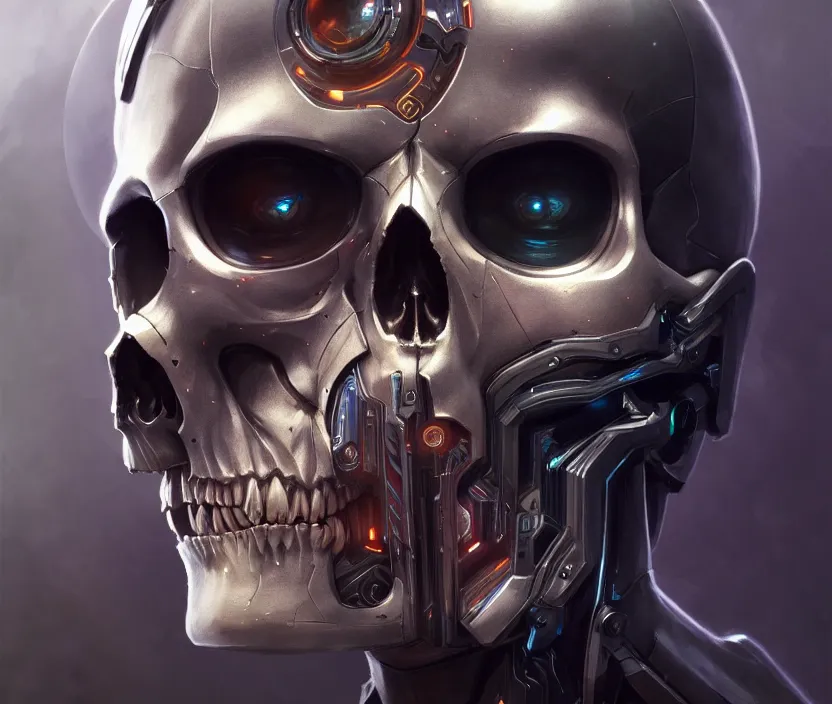 Image similar to Cyborg skull portrait, front view, sci-fi, highly detailed, digital painting, artstation, concept art, smooth, sharp focus, illustration, art by artgerm and greg rutkowski and alphonse mucha