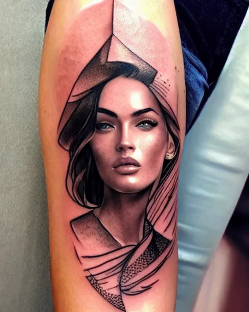 Image similar to artistic double exposure effect tattoo design sketch of megan fox with beautiful mountains, realism tattoo, in the style of andrey lukovnikov, amazing detail, sharp