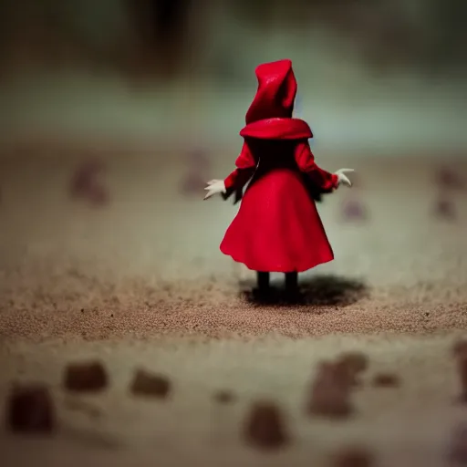 Image similar to a cinematic film still of a claymation stop motion film starring emma watson as little red riding hood, looking at big wild wolf, shallow depth of field, 8 0 mm, f 1. 8