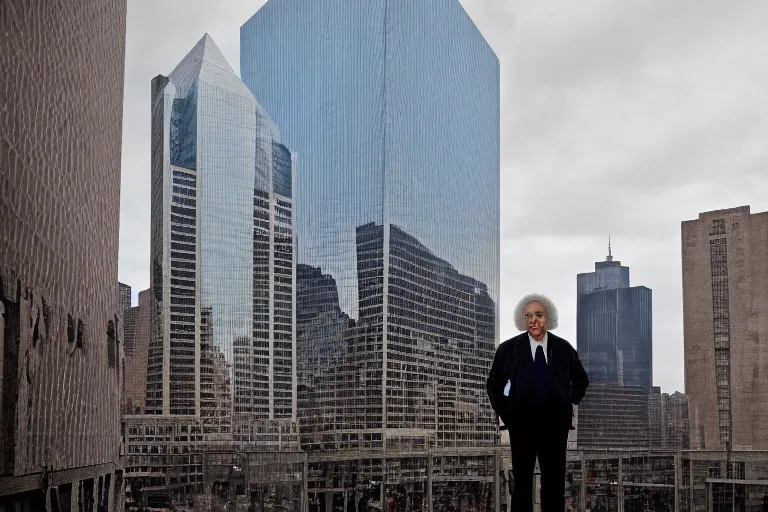 Image similar to 14mm Albert Einstein color portrait photo in World Trade Center complex, by Emmanuel Lubezki