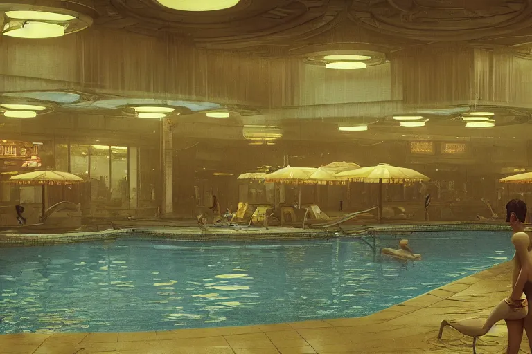 Image similar to 1920's art deco indoor pool scene, by Craig Mullins, in the style of blade runner, octane render, unreal engine render, 8k post-processing highly detailed, soft lighting,