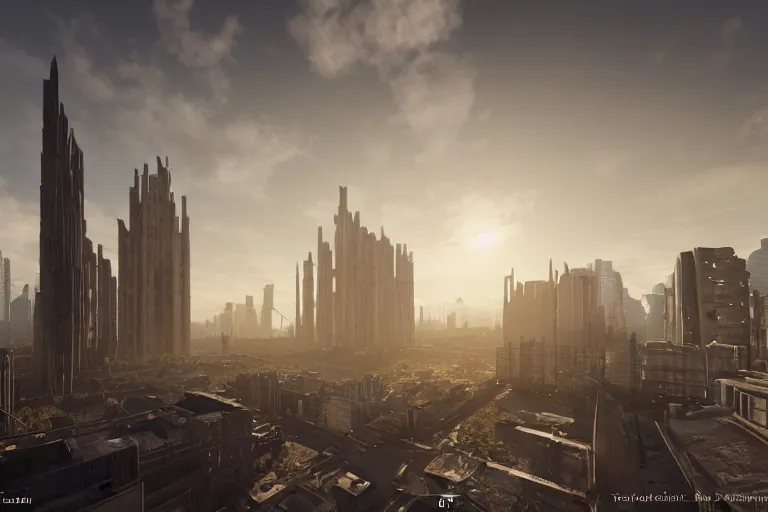 Image similar to streetscape, a towering cathedral of brutalist architecture, buildings covered with greebles, stunning volumetric light, sunset, metal, concrete and translucent material, stunning skies, majestic landscape, trending on Artstation, 8k, photorealistic, hyper detailed, unreal engine 5, IMAX quality, cinematic, epic lighting, in the style of Greg Rutkowski