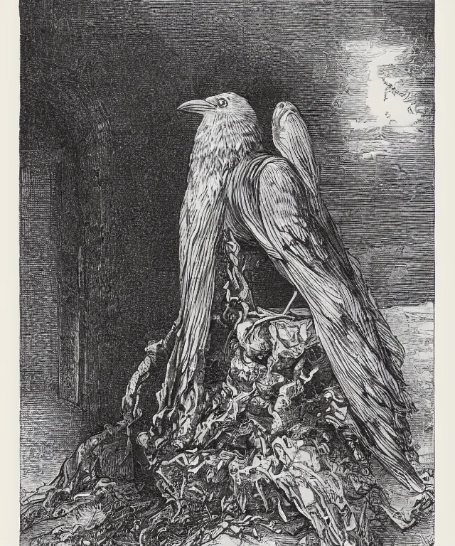 Prompt: raven sitting on a bust of pallas above a door, art by james o barr and albrecht durer and gustave dore, woodblock print, engraved, black and white, vector, vector art