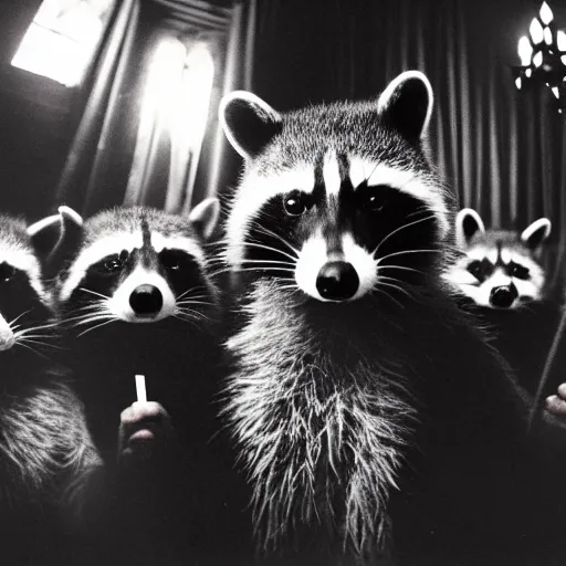 Prompt: vintage disposable camera photo, a group of raccoons wearing dark cult robes look towards the camera in surprise and anger as they perform a dark occult evil ceremony inside the secret lair of an underground mystery cult, dramatic candlelight, dark and moody, atmospheric, ultra - detailed, photorealistic, 4 k