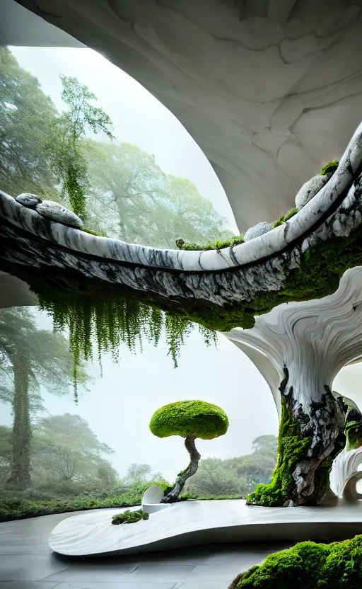 Image similar to highly detailed villa natural beautiful light interior soft cinematic composition of a smooth ceramic porcelain biomorphic magnolia stone nebula fluid sci - fi surreal architecture landscape, furniture, granite, trees, marble, moss, lichen, fungi, vincent callebaut composition, mamou - mani, archviz, 8 k, unreal engine, hdr