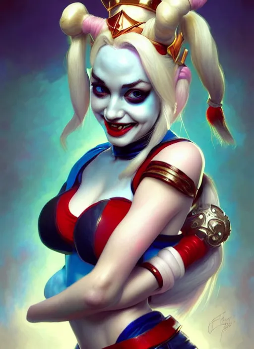 Image similar to harley quinn as a gnome queen, girl, masterpiece, intricate, elegant, highly detailed, my rendition, digital painting, artstation, concept art, smooth, sharp focus, illustration, art by artgerm and greg rutkowski and alphonse mucha and uang guangjian and gil elvgren and sachin teng, symmetry!!