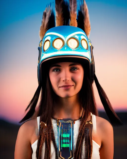 Image similar to centered medium shot fine studio photograph of a beautiful girl wearing only a mecha electronic native American indian helmet with bright lights, ultra-realistic, white background, 8k HDR sunset lit, intricate