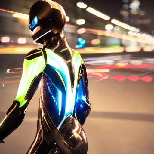 Image similar to speed, diverse lightspeed cybersuits, from behind, motion blur, bokeh, wide wide angle, vivid, elaborate, highly detailed, beautiful lighting