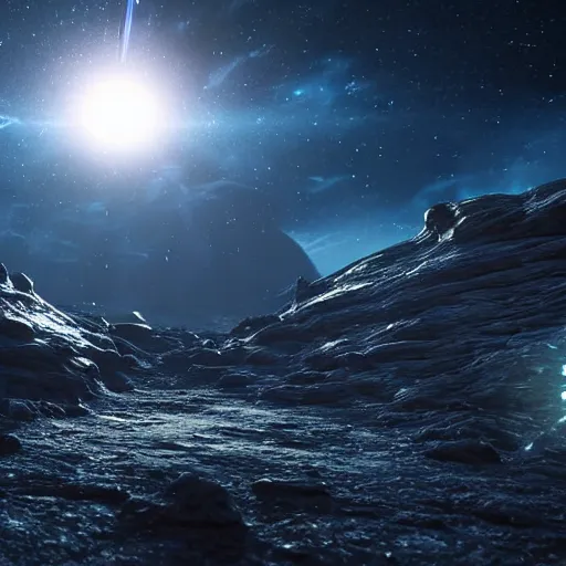 Prompt: alien planet surface with night sky, highly detailed, photorealistic portrait, bright studio setting, studio lighting, crisp quality and light reflections, unreal engine 5 quality render