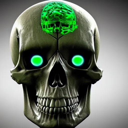 Prompt: ultra realistic Skull with Cyborg Implants and Green eyes scanning space for Sentient life