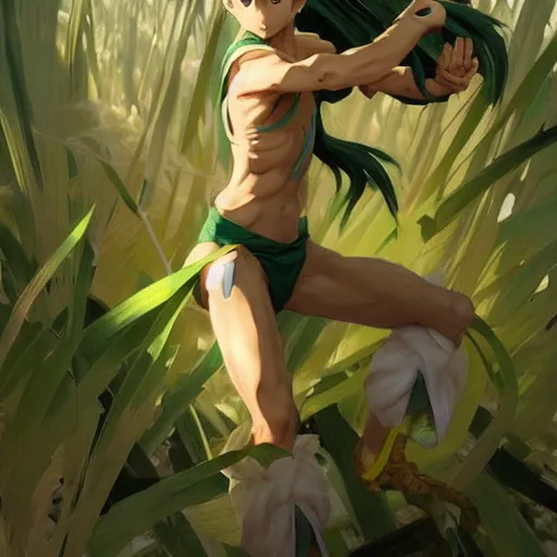 Image similar to gon from hunter x hunter, highly detailed, digital painting, artstation, concept art, sharp focus, illustration, art by greg rutkowski and alphonse mucha