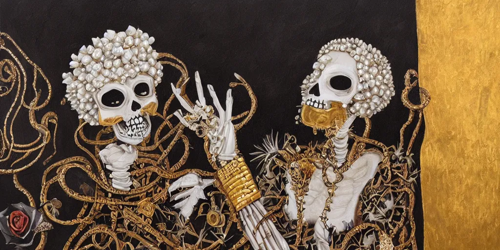 Prompt: oil paint. woman with metalic gold skeleton mask, wearing white and black virgin attire wearing an aureola made of gold, cactus and pearls over the head, holding a rose in a hand, with warm backlight behind a whirlpool of clouds forming acircular background. sunset light. beneath there's a barren land with serpents. apocalyptic.